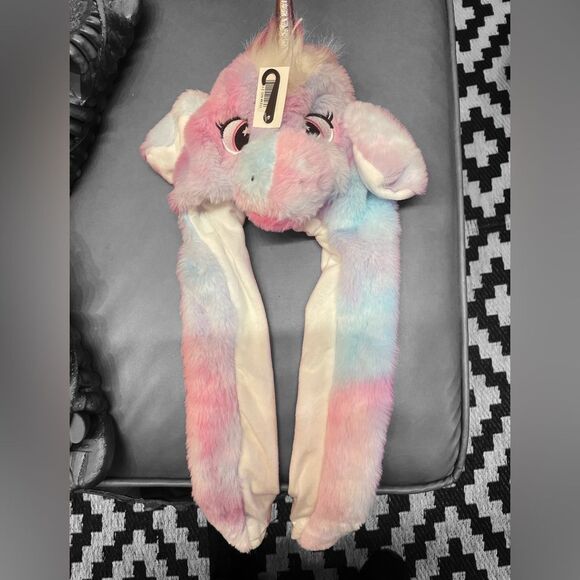 WHITE Plush Funny Unicorn Hat Scarf Squeeze Paw Lift Ear - Picture 5 of 13
